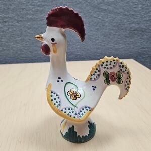 Vintage Portuguese Good Luck Ceramic Rooster Floral Heart 6.5" Signed Numbered